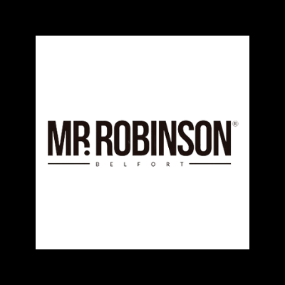 Logotipo MR ROBINSON em preto com texto japonês em baixo