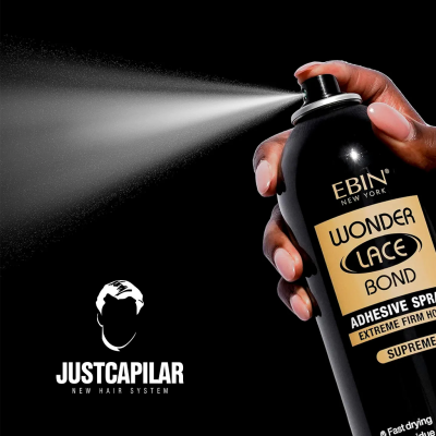 Spray adesivo EBIN Wonder Lace Bond preto a ser pulverizado
