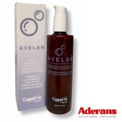 Frasco e caixa de champô equilibrante Avelan Capelló Aderans.