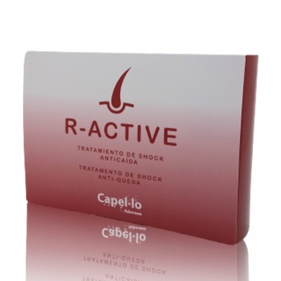 Embalagem branca e vermelha do produto capilar R-ACTIVE da Capel-lo