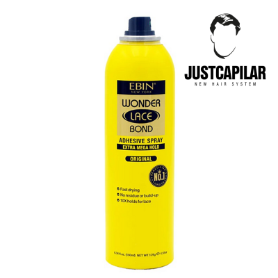 Spray adesivo amarelo EBIN Wonder Lace Bond com tampa azul e texto, logo JUSTCAPILAR ao lado