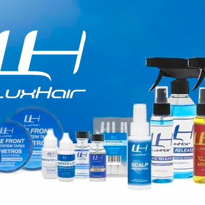 Produtos para cabelo LuxHair em embalagens brancas e azuis com logótipo azul em fundo branco