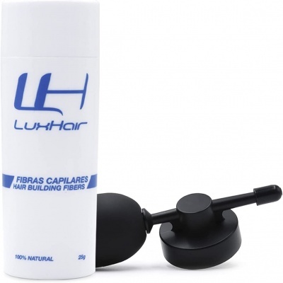Frasco branco de fibras capilares LuxHair com aplicador preto