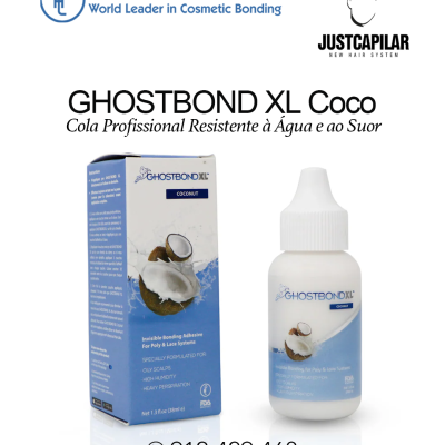 Cola profissional Ghostbond XL Coco em embalagem e frasco branco e azul com imagem de coco