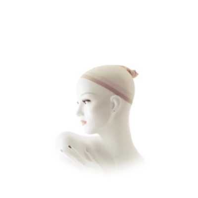 Cabeça de manequim com rede para cabelo bege com faixa rosa