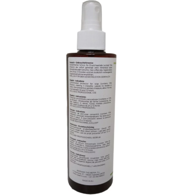 Frasco de spray castanho com tampa branca e etiqueta com texto