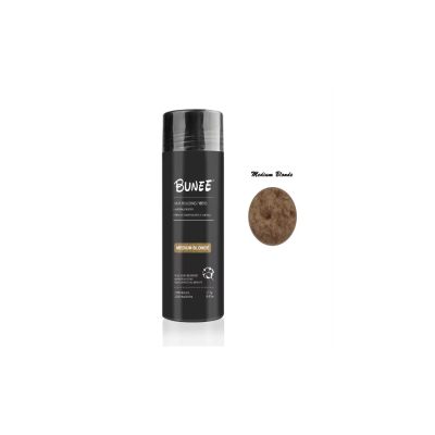 Frasco preto de spray Bunee Medium Blonde com amostra de cabelo castanho médio claro