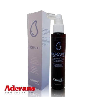 Frasco negro com spray branco e embalagem branca do produto HIDRAPEL para couro cabeludo