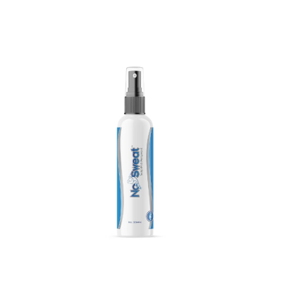 Frasco de spray No Sweat com rótulo azul e branco