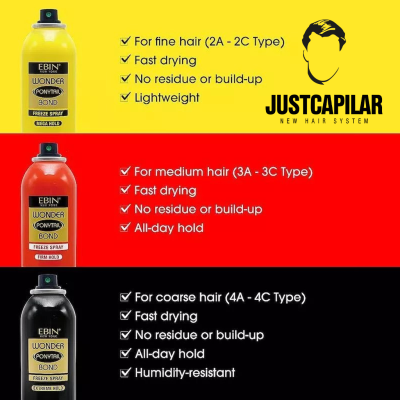 Três latas de spray fixador de cabelo da marca EBIN NEW YORK WONDER PONYTAIL BOND com indicações para diferentes tipos de cabelo e um logotipo JUSTCAPILAR em fundo colorido.