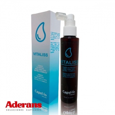 Frasco e embalagem do tónico nutritivo Vitaliss Capel-lo para cabelo com logo Aderans