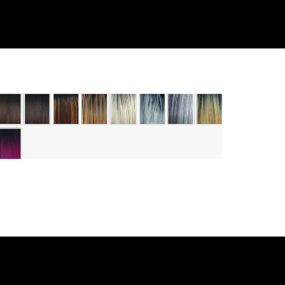 Amostras de cabelo artificial em várias cores, do castanho escuro ao cinza e roxo