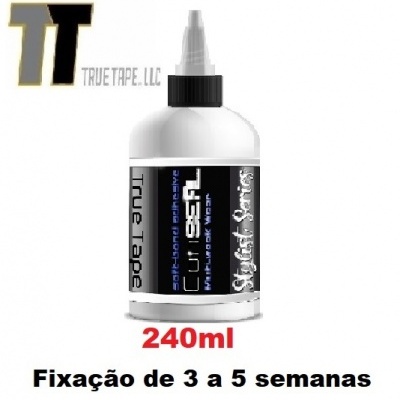 Frasco branco com etiqueta preta e texto sobre fixação de cola de 240ml