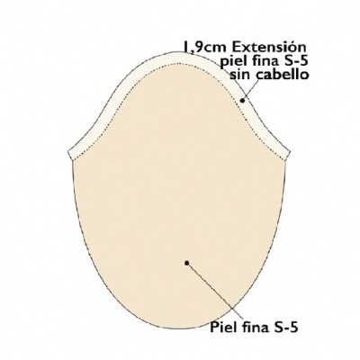 Desenho de prótese oval bege com etiquetas de medidas e material em espanhol