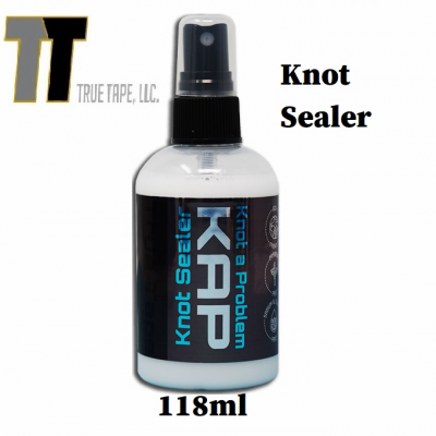 Frasco de spray Knot Sealer com etiqueta preta e texto azul e branco