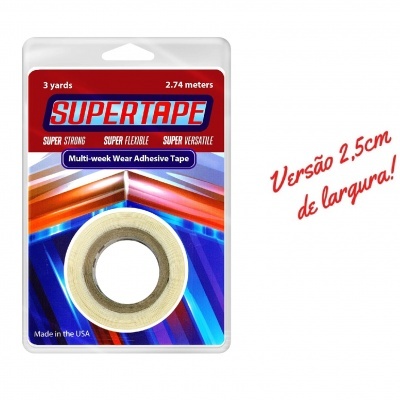 Fita adesiva Supertape em embalagem colorida com texto