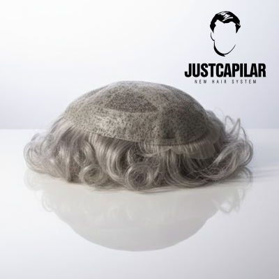 Peruca cinzenta com base em rede translúcida e logótipo JUSTCAPILAR