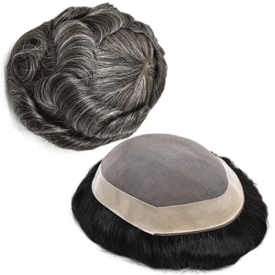 Postiço de cabelo cinzento com base cinza e bege e borda preta