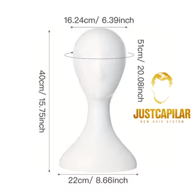 Cabeça de manequim branca com medidas e logotipo Justcapilar