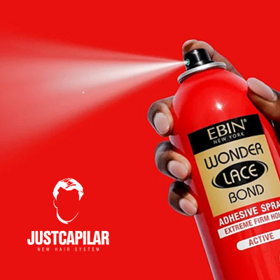 Spray adesivo para cabelo EBIN NEW YORK WONDER LACE BOND em uso com fundo vermelho