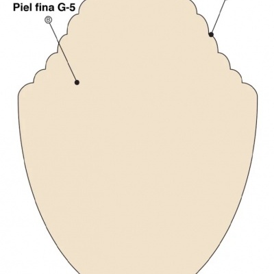 Peça ovalada bege com borda dentada e texto explicativo.