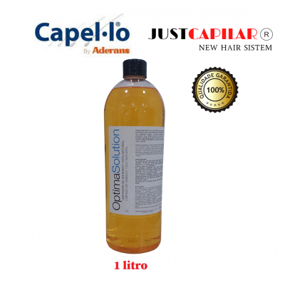 Frasco de 1 litro de liquido amarelo Optima Solution com rótulo e logótipos de marcas