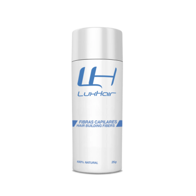 Frasco branco LuxHair com texto azul e tampa branca