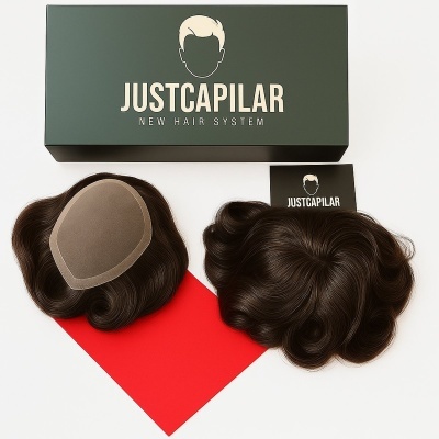Próteses capilares castanhas escuras onduladas e caixa verde com texto JustCapilar