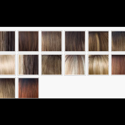 Paleta de cores de cabelo com várias amostras de tons castanhos, loiros e avermelhados.