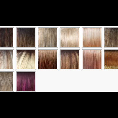 Amostras de cores de cabelo variadas, castanho, loiro, ruivo e roxo
