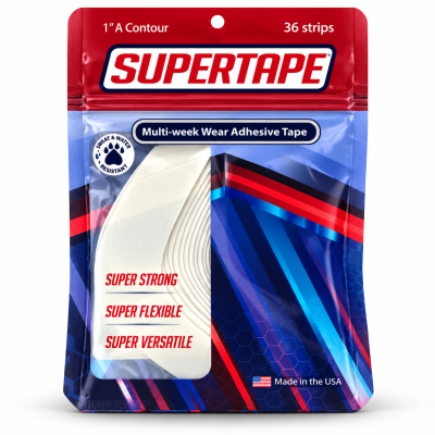 Pacote de tiras adesivas SUPERTAPE com 36 tiras, vermelho, azul e branco.