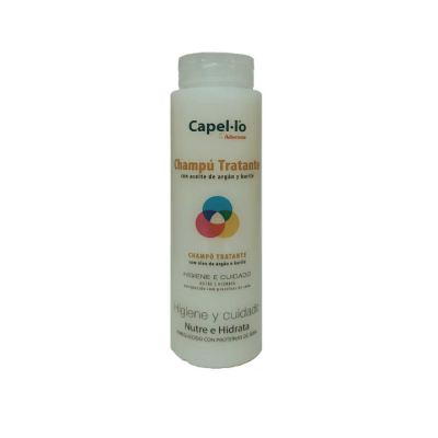 Frasco branco de champô Capel-lo Tratante com tampa transparente e etiqueta colorida