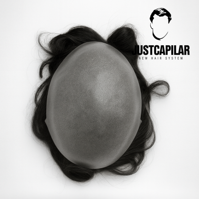 Sistema capilar oval castanho escuro com base texturizada em fundo branco e logótipo JUSTCAPILAR