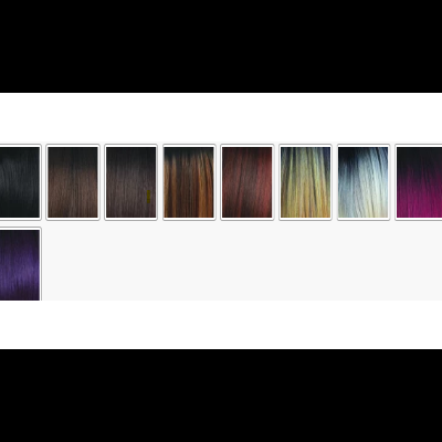 Amostras de extensões de cabelo em várias cores num fundo branco