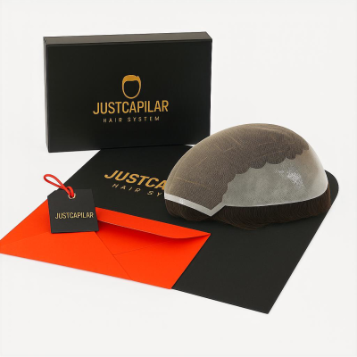 Sistema capilar JustCapilar com base texturizada castanha e bege, caixa preta, papel preto e envelope vermelho com etiqueta preta