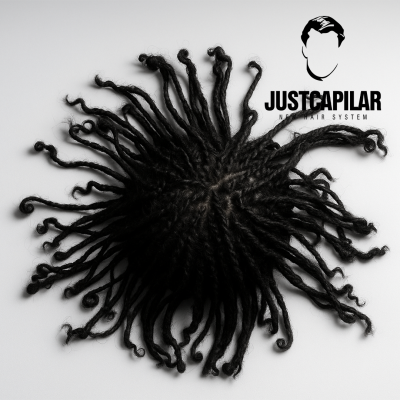 Sistema capilar de cabelo trançado negro com texto JUSTCAPILAR NEW HAIR SYSTEM