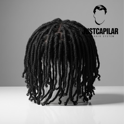 Peruca com dreads pretos numa base branca com logotipo JUSTCAPILAR