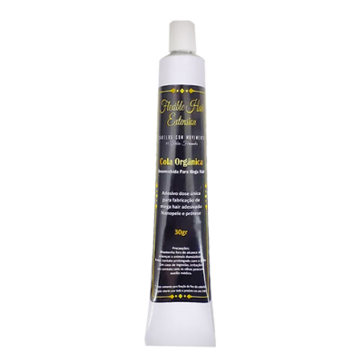 Tubo branco com rótulo preto e dourado de Cola Orgânica para mega hair 30g