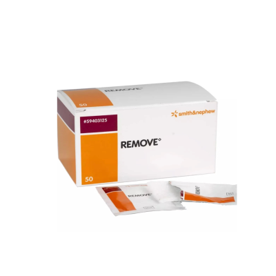 Caixa branca e laranja com 50 unidades do produto REMOVE, marca smith&nephew.