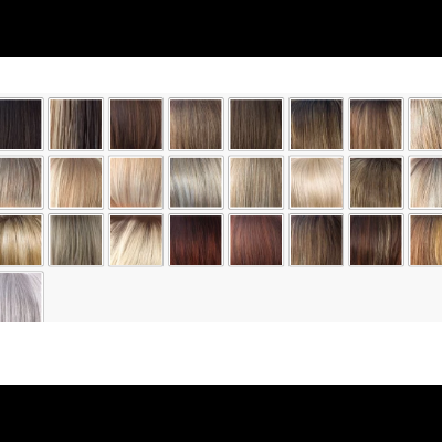 Amostras de cores de cabelo em quadrados mostrando várias tonalidades do castanho ao loiro e ruivo com textura natural.