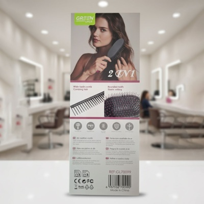 Embalagem de pente 2 em 1 com descrição em inglês e código de barras, em salão de cabeleireiro