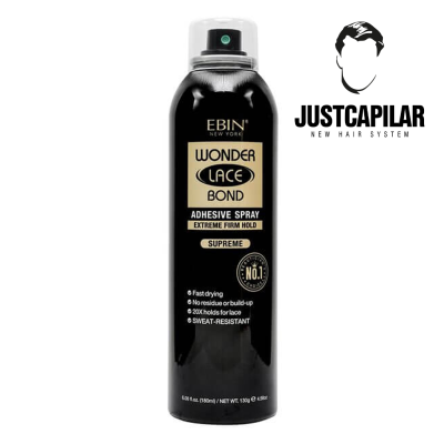 Frasco preto de spray adesivo EBIN Wonder Lace Bond e logotipo JustCapilar