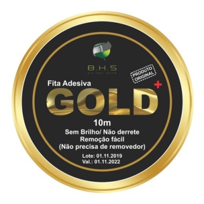Embalagem redonda preta e dourada de fita adesiva Gold B.H.S com texto informativo