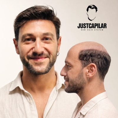 Homem sorridente em frente e lateral com cabelo e careca, logo JUSTCAPILAR no fundo.