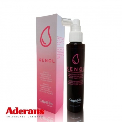 Frasco preto e caixa rosa do produto capilar Kenol com texto e logotipo de gota