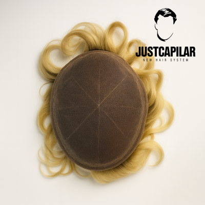 Sistema capilar feminino loiro com base castanha e cabelo ondulado