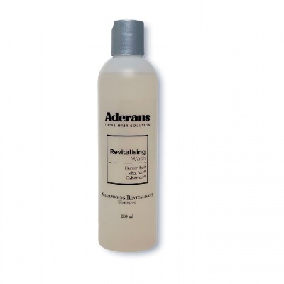 Frasco de shampoo Aderans revitalizante branco com tampa cinza