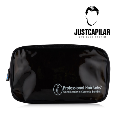 Bolsa preta para produtos de cabelo com logótipos e texto em branco