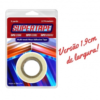 Fita adesiva Supertape transparente em embalagem colorida com texto