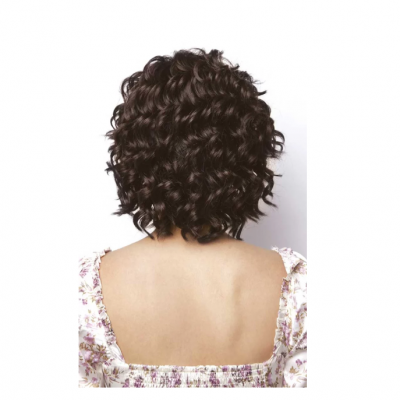 Pessoa vista de costas com cabelo curto e encaracolado e blusa floral